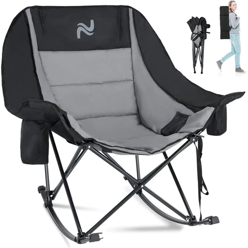 🔥 XXL Oversized Rocking Camping Chair – Fully Padded Folding Outdoor Recliner with Side Pocket, Heavy-Duty Comfort Chair for Camping, Patio & Backyard, Supports Up to 400 lbs