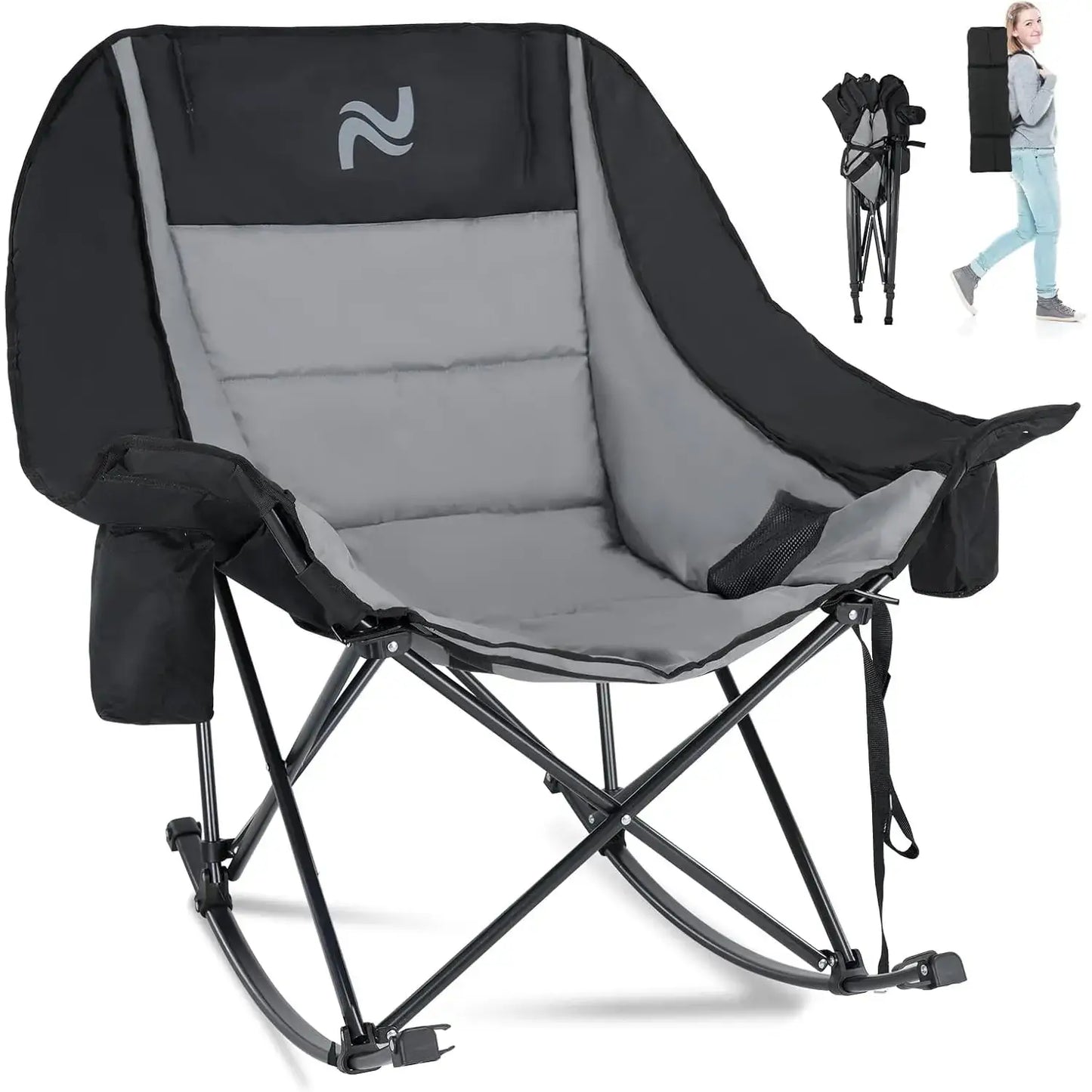 🔥 XXL Oversized Rocking Camping Chair – Fully Padded Folding Outdoor Recliner with Side Pocket, Heavy-Duty Comfort Chair for Camping, Patio & Backyard, Supports Up to 400 lbs