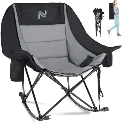🔥 XXL Oversized Rocking Camping Chair – Fully Padded Folding Outdoor Recliner with Side Pocket, Heavy-Duty Comfort Chair for Camping, Patio & Backyard, Supports Up to 400 lbs