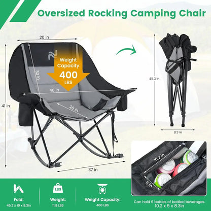 🔥 XXL Oversized Rocking Camping Chair – Fully Padded Folding Outdoor Recliner with Side Pocket, Heavy-Duty Comfort Chair for Camping, Patio & Backyard, Supports Up to 400 lbs