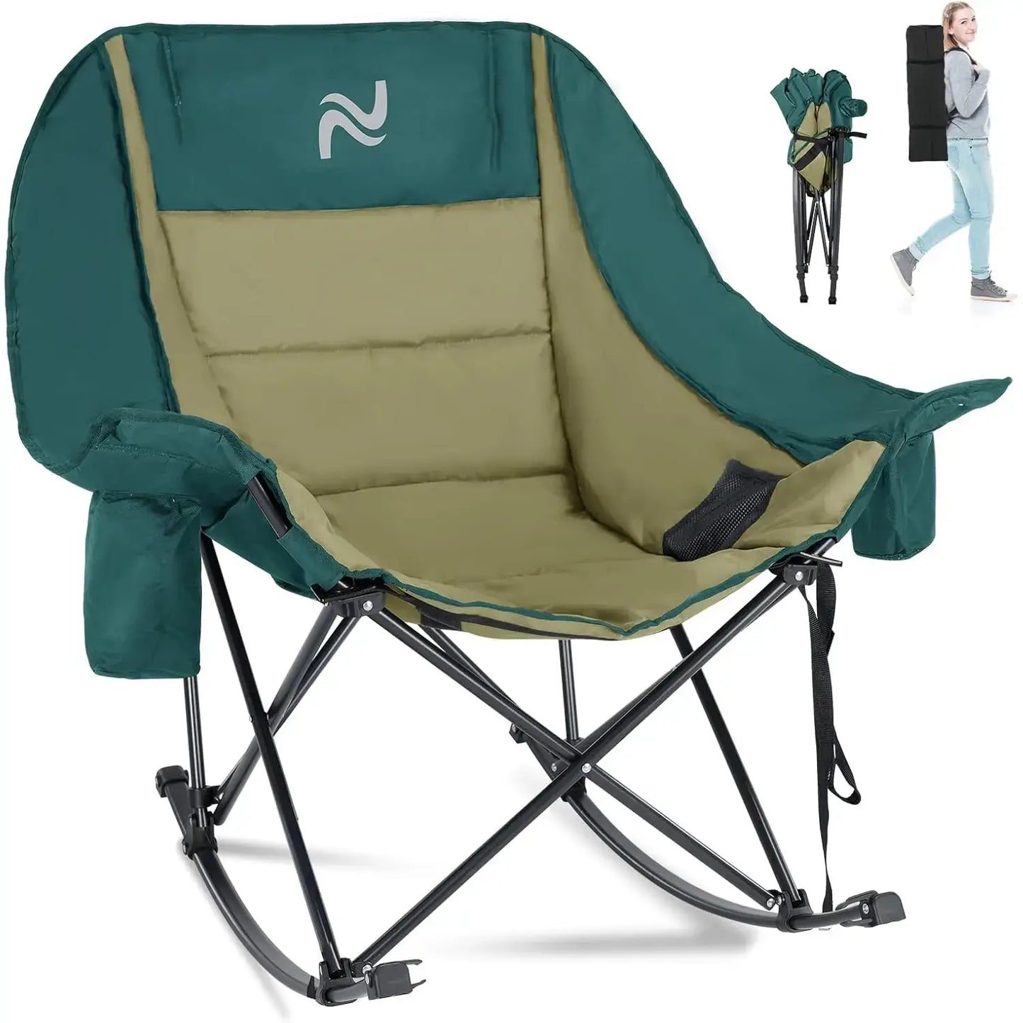 🔥 XXL Oversized Rocking Camping Chair – Fully Padded Folding Outdoor Recliner with Side Pocket, Heavy-Duty Comfort Chair for Camping, Patio & Backyard, Supports Up to 400 lbs