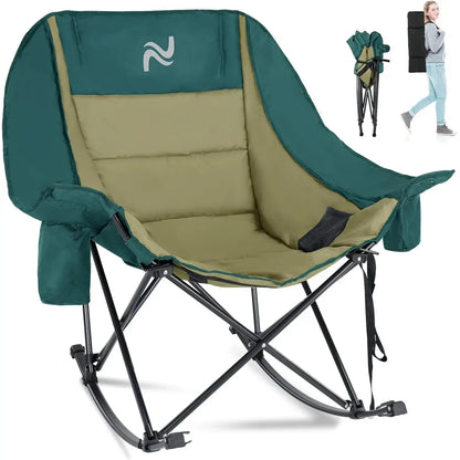 🔥 XXL Oversized Rocking Camping Chair – Fully Padded Folding Outdoor Recliner with Side Pocket, Heavy-Duty Comfort Chair for Camping, Patio & Backyard, Supports Up to 400 lbs