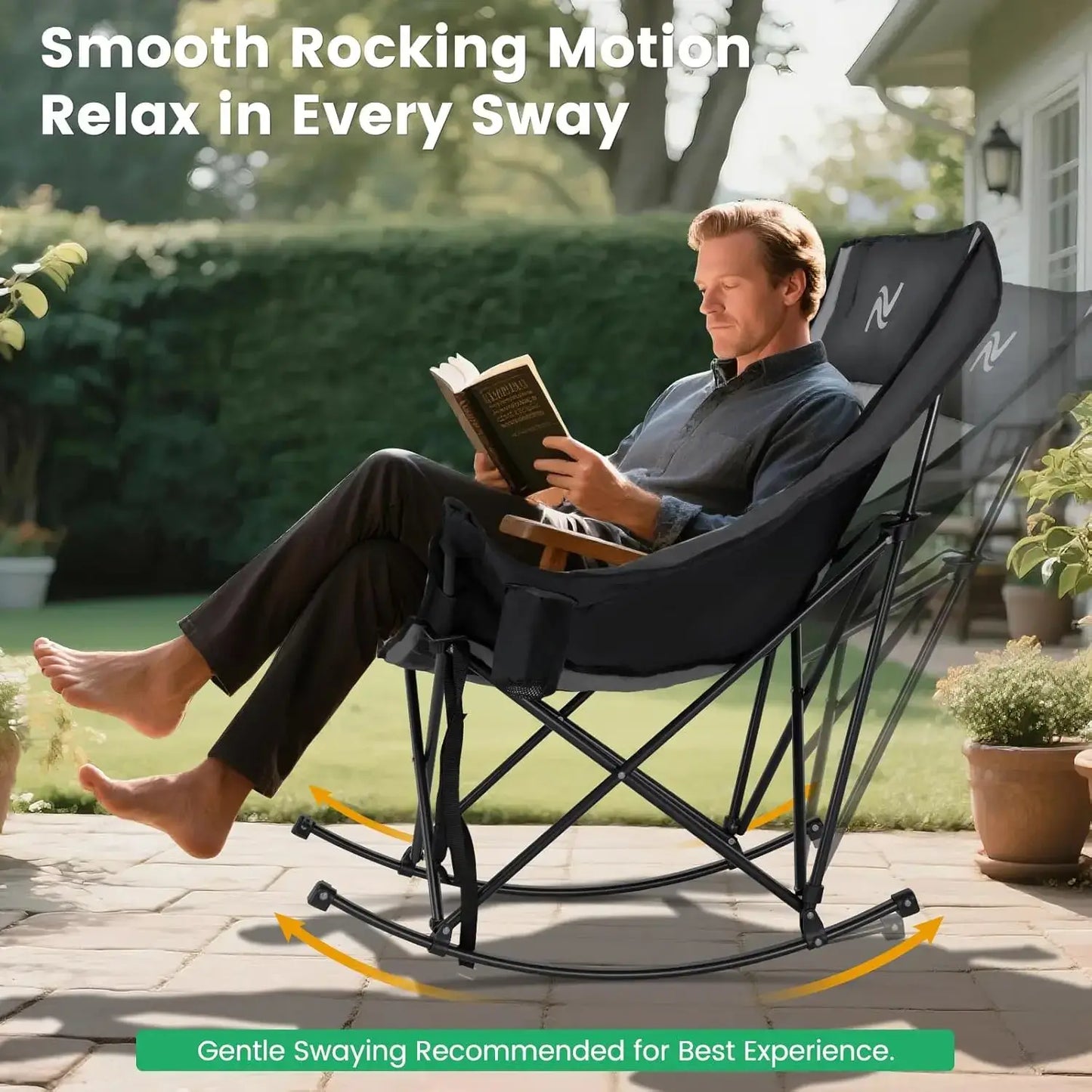 🔥 XXL Oversized Rocking Camping Chair – Fully Padded Folding Outdoor Recliner with Side Pocket, Heavy-Duty Comfort Chair for Camping, Patio & Backyard, Supports Up to 400 lbs