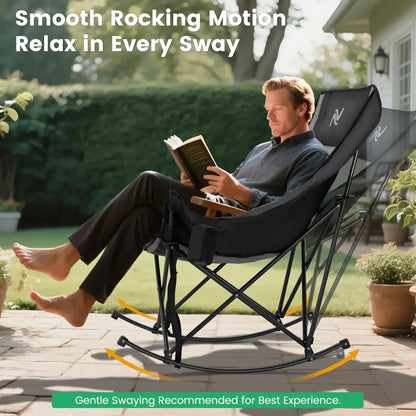 🔥 XXL Oversized Rocking Camping Chair – Fully Padded Folding Outdoor Recliner with Side Pocket, Heavy-Duty Comfort Chair for Camping, Patio & Backyard, Supports Up to 400 lbs