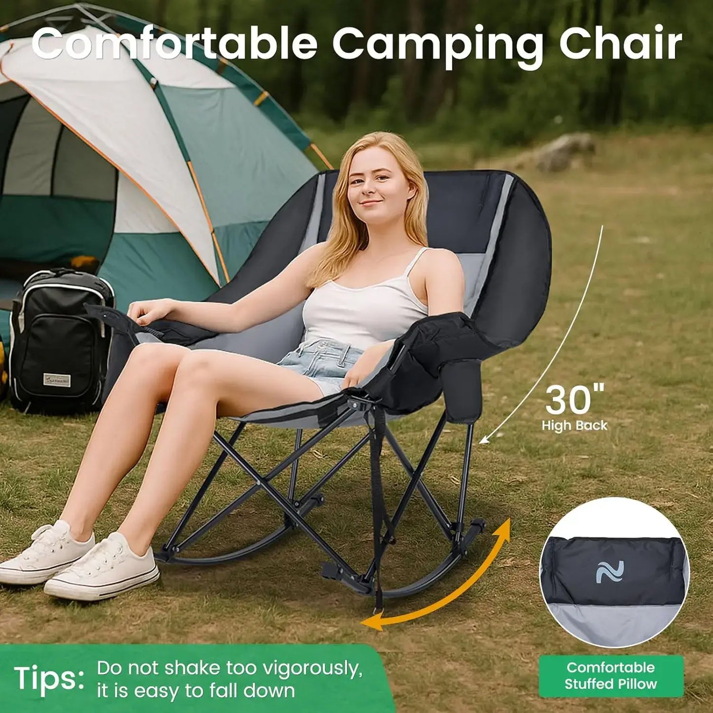 🔥 XXL Oversized Rocking Camping Chair – Fully Padded Folding Outdoor Recliner with Side Pocket, Heavy-Duty Comfort Chair for Camping, Patio & Backyard, Supports Up to 400 lbs