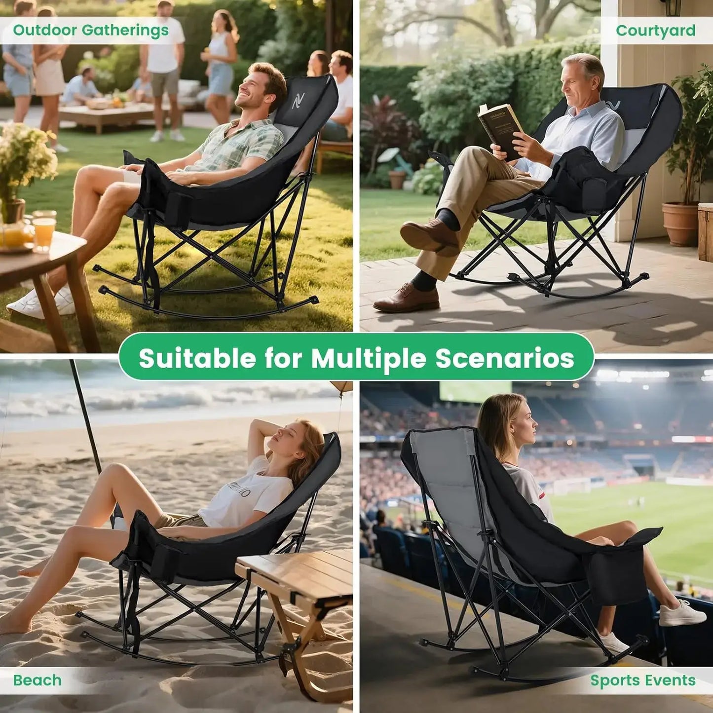 🔥 XXL Oversized Rocking Camping Chair – Fully Padded Folding Outdoor Recliner with Side Pocket, Heavy-Duty Comfort Chair for Camping, Patio & Backyard, Supports Up to 400 lbs